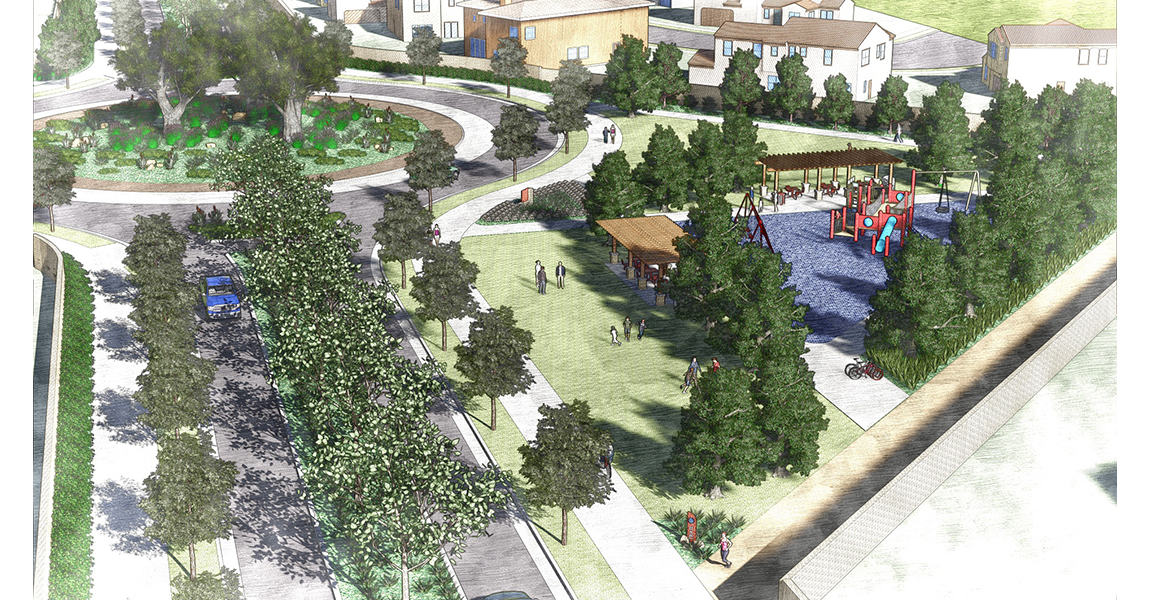 Illustration of neighborhood with trees, playground, and open park