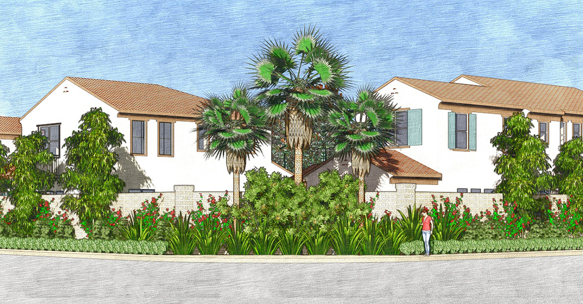 Illustration of two houses and palms trees